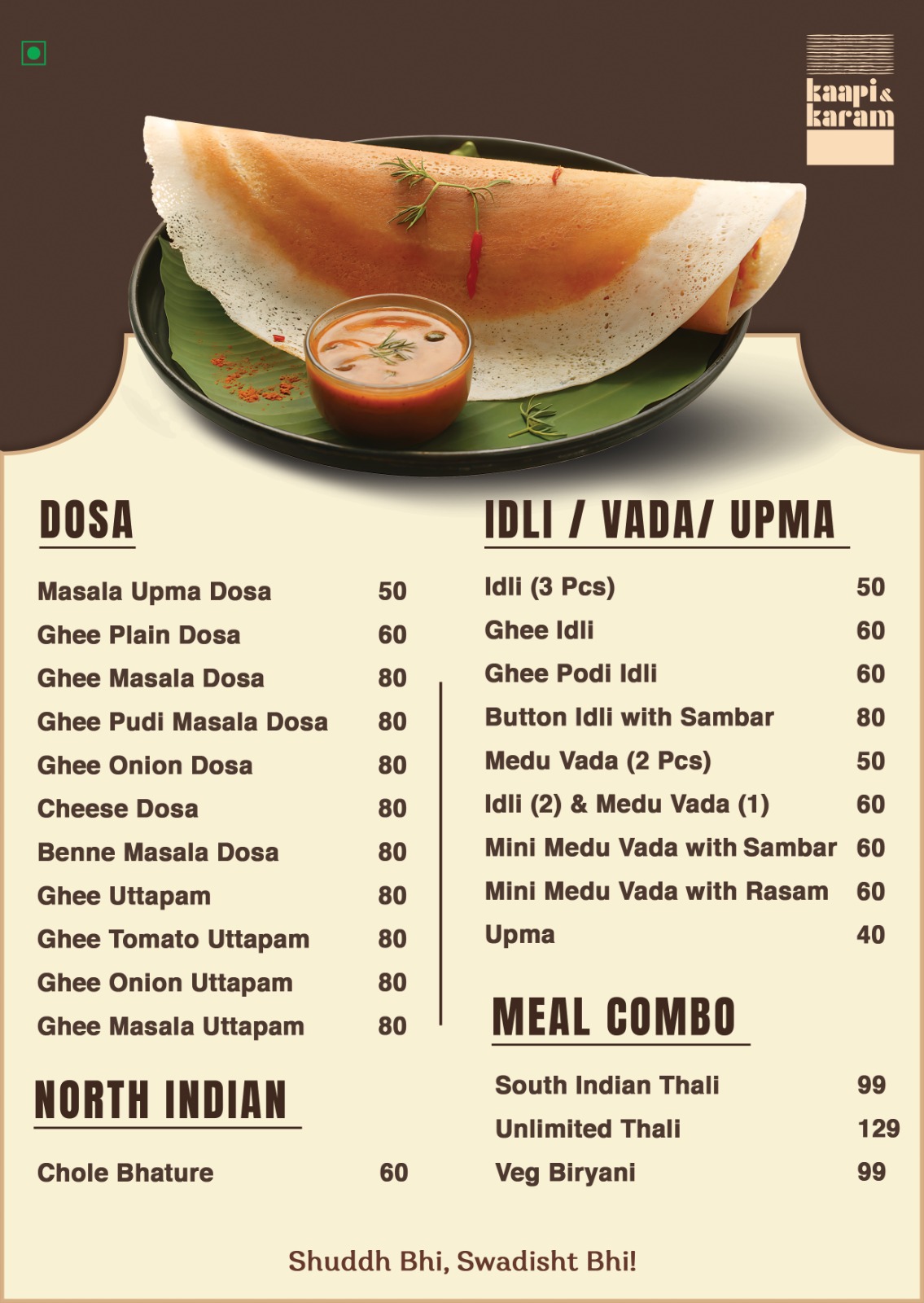 South Indian menu board at Kaapi & Karam near Charminar showing dosa, idli, vada, upma, North Indian and meal combo prices