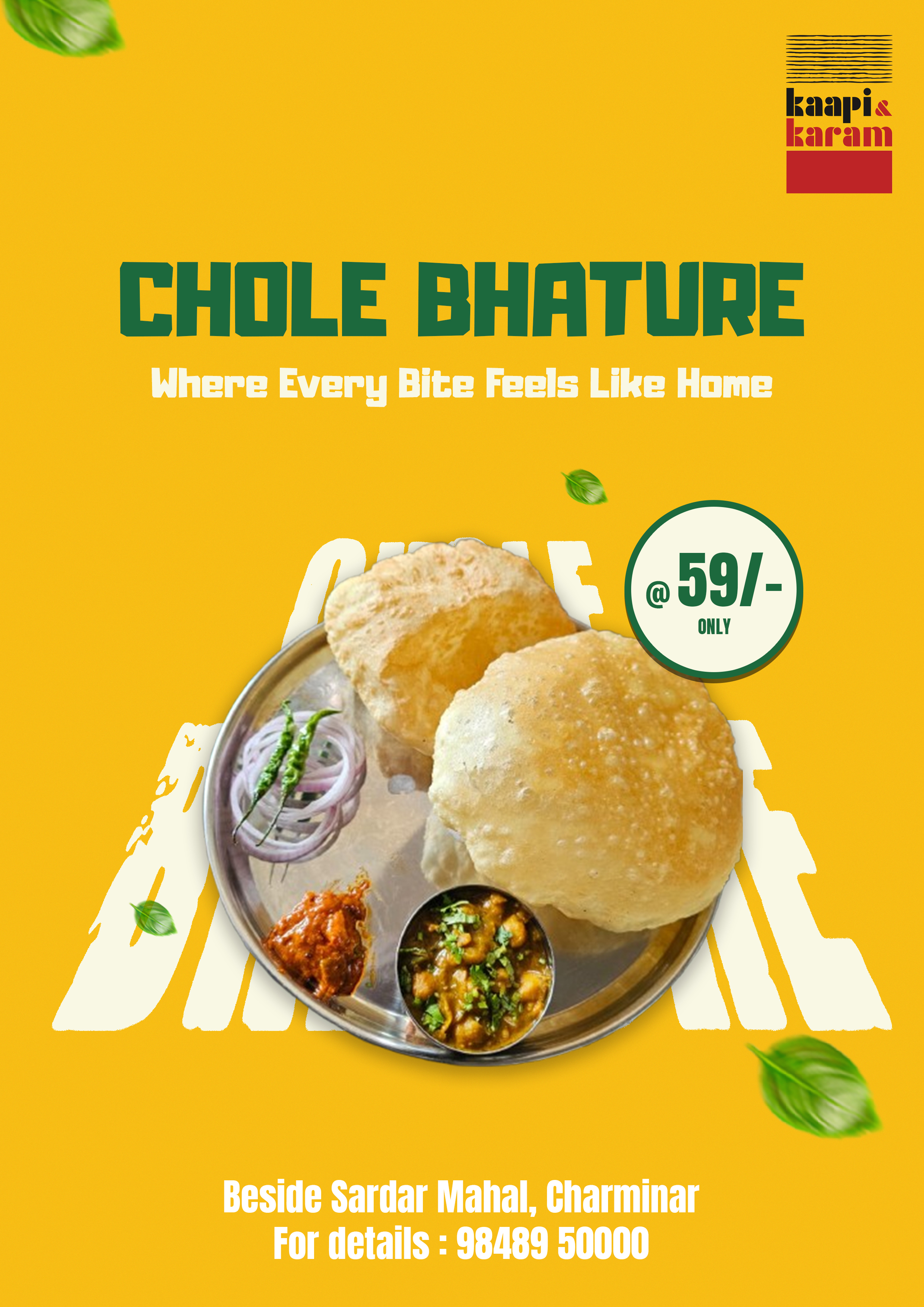 Chole bhature with pickle, onion and green chilli at Kaapi & Karam near Charminar