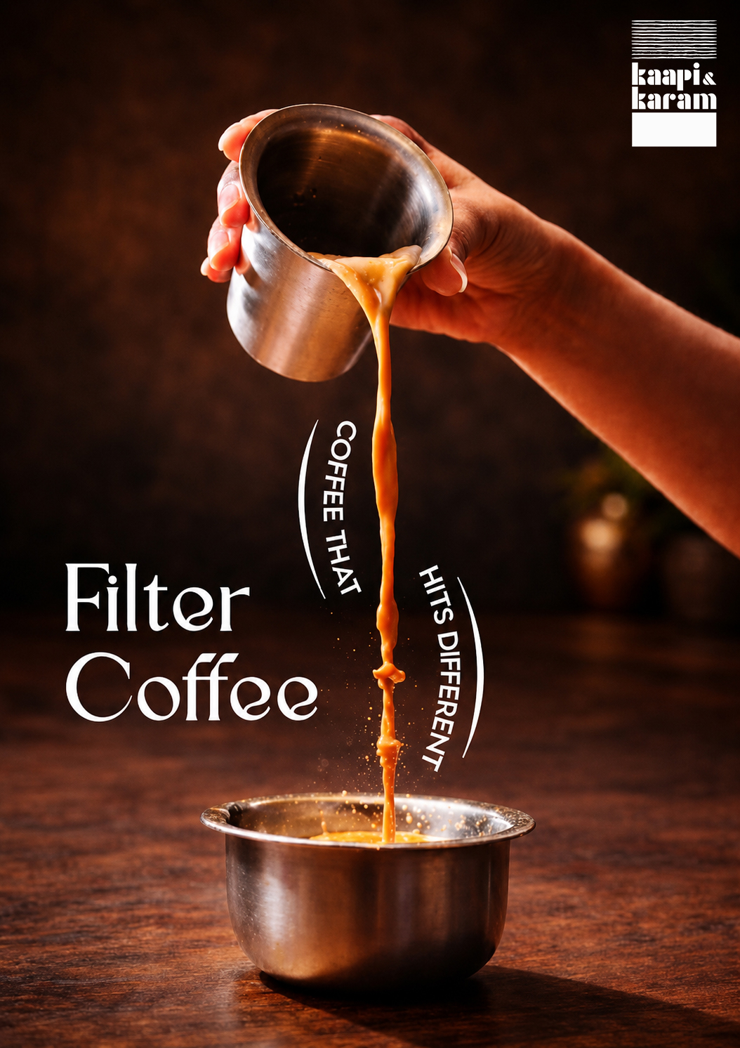 Filter kaapi being poured between a steel tumbler and davara at Kaapi & Karam near Charminar, Hyderabad
