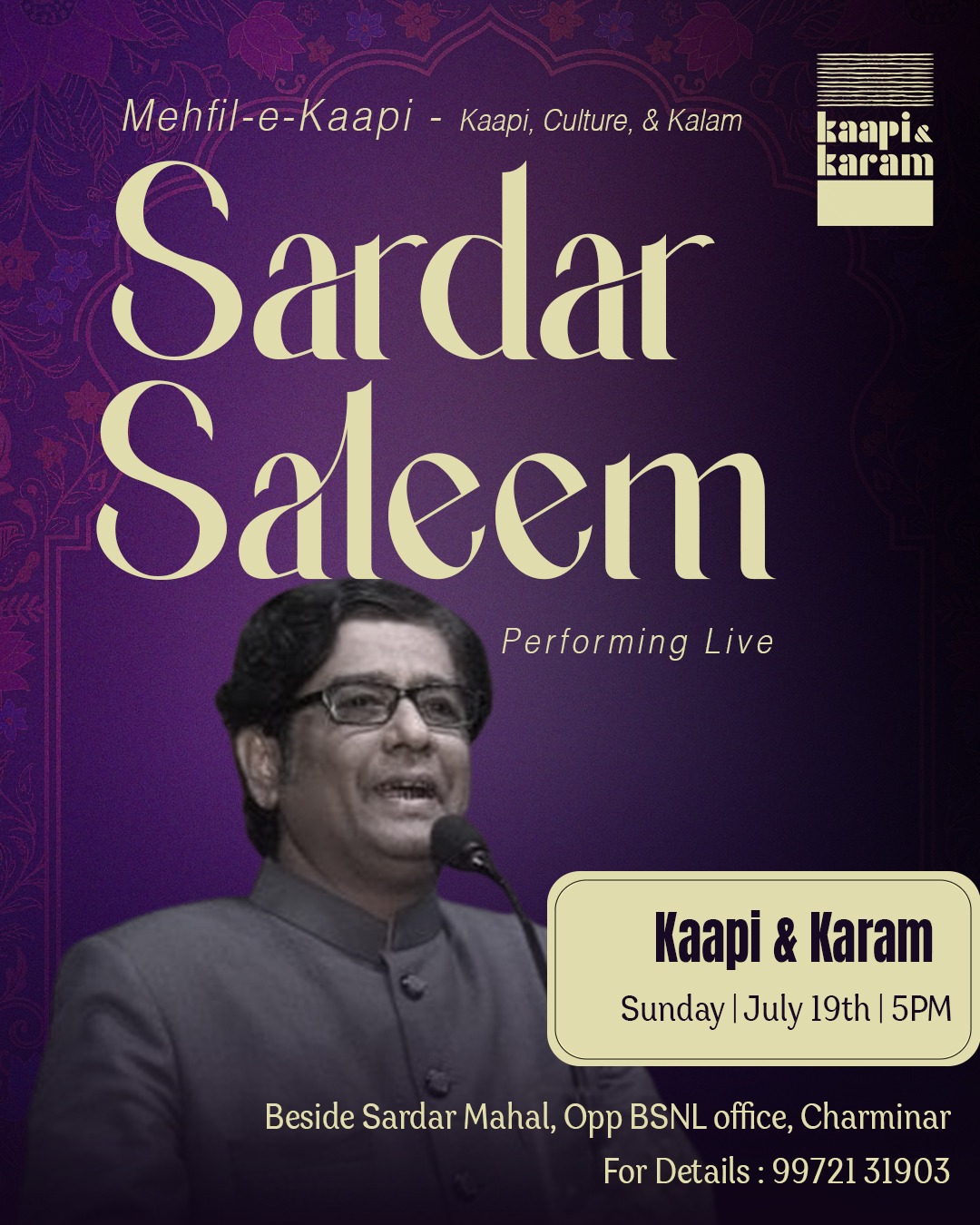 Sardar Saleem, contemporary Urdu poet, performing at Mehfil-e-Kaapi