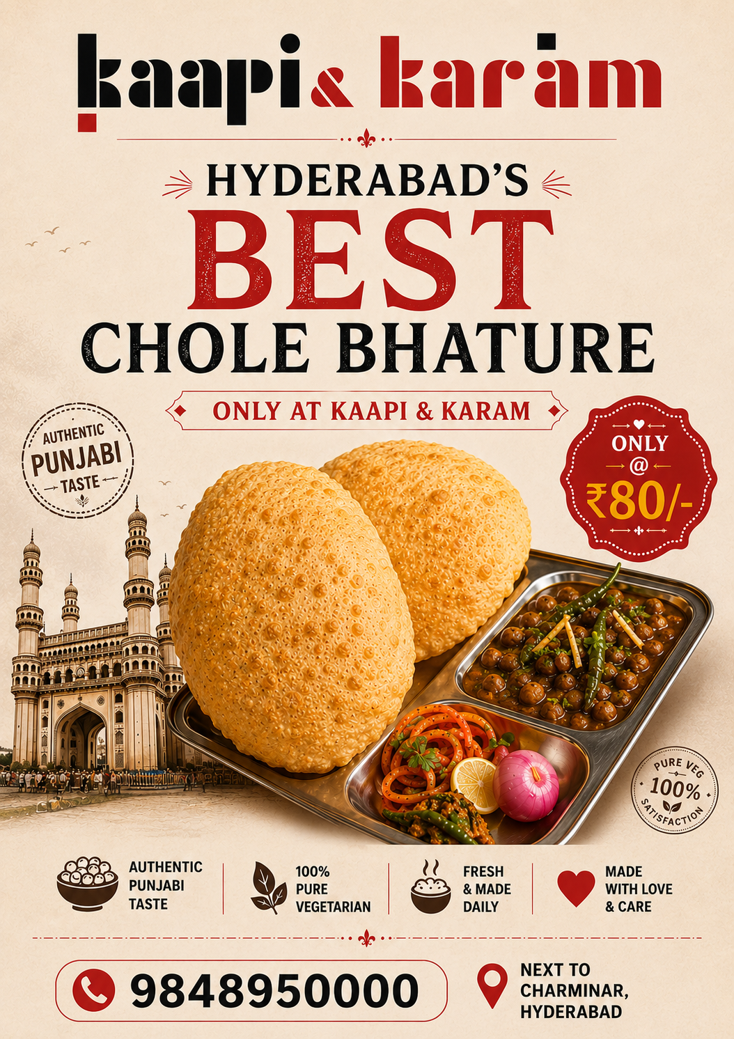 Chole bhature at Kaapi & Karam near Charminar — puffed bhature with chole, pickle, onion and green chilli. 100% pure vegetarian, ₹80